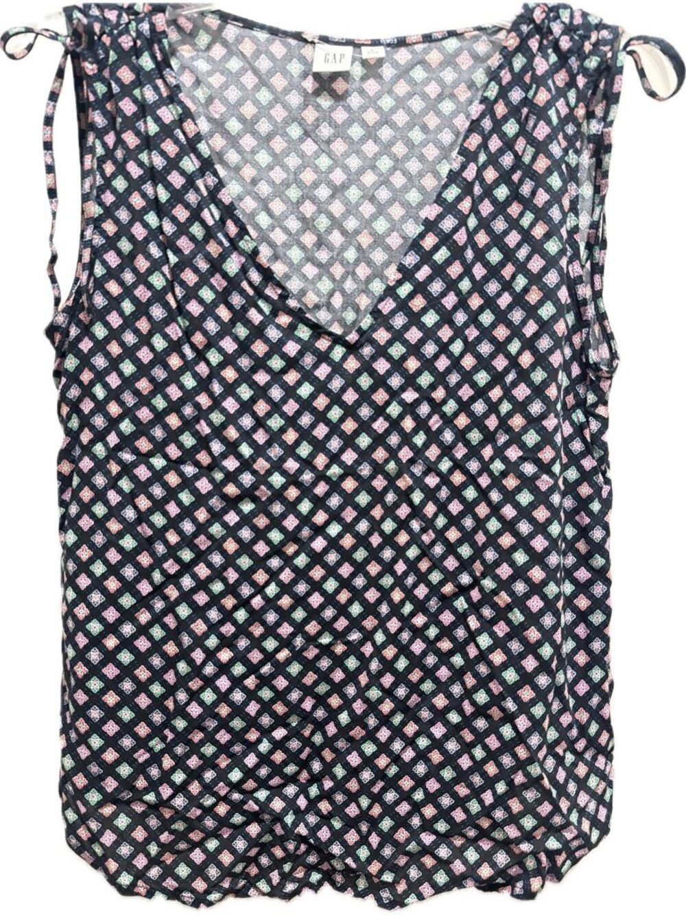 GAP women M blue pink green tank geometric print NWT bow sleeveless shirt V-neck